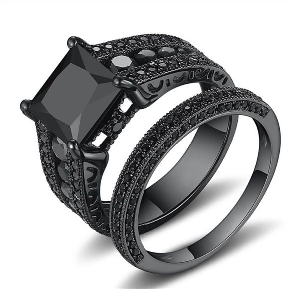 Princess cut black sapphire Sterling ring set - Picture 5 of 7